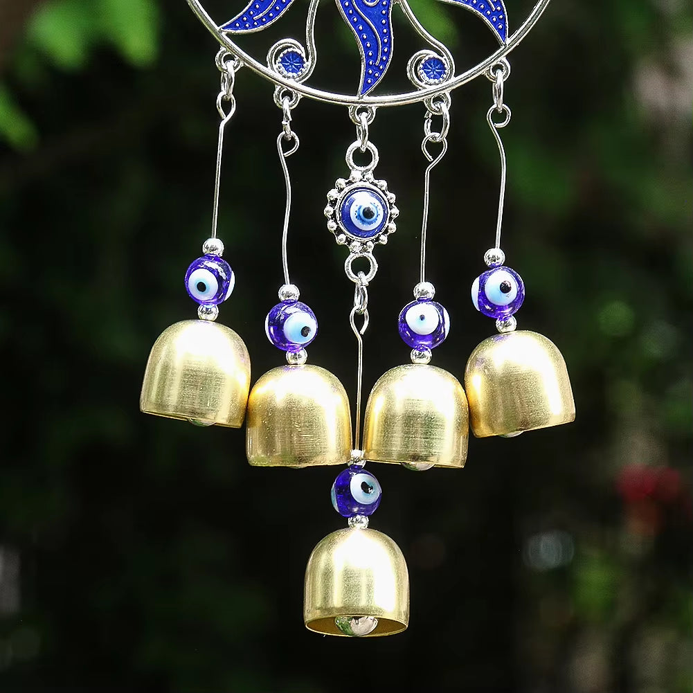 Decorative Turkish Blue Eye Amulet Wind Chimes with brass bells and blue beads