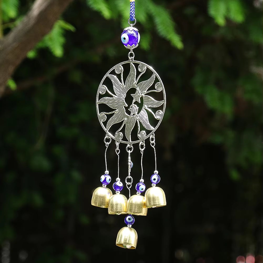 Decorative silver sun wind chime with golden bells and purple beads for garden decor