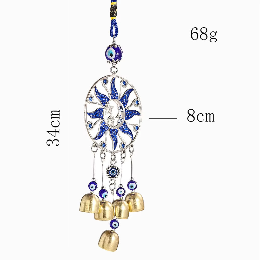 Blue and silver sun-themed Turkish Blue Eye Amulet wind chime with golden bells and beads