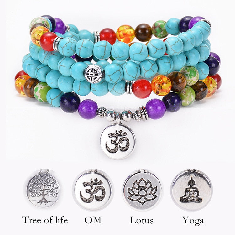 Turquoise 7 Chakra Mala Necklace 108 Bead Set