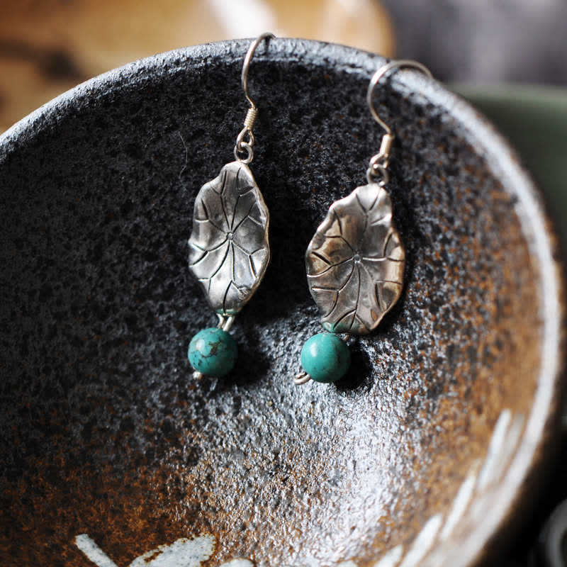 Turquoise Lotus Leaf Drop Earrings | 925 Silver Protection