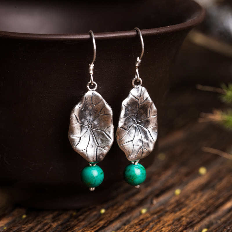 Turquoise Lotus Leaf Drop Earrings | 925 Silver Protection