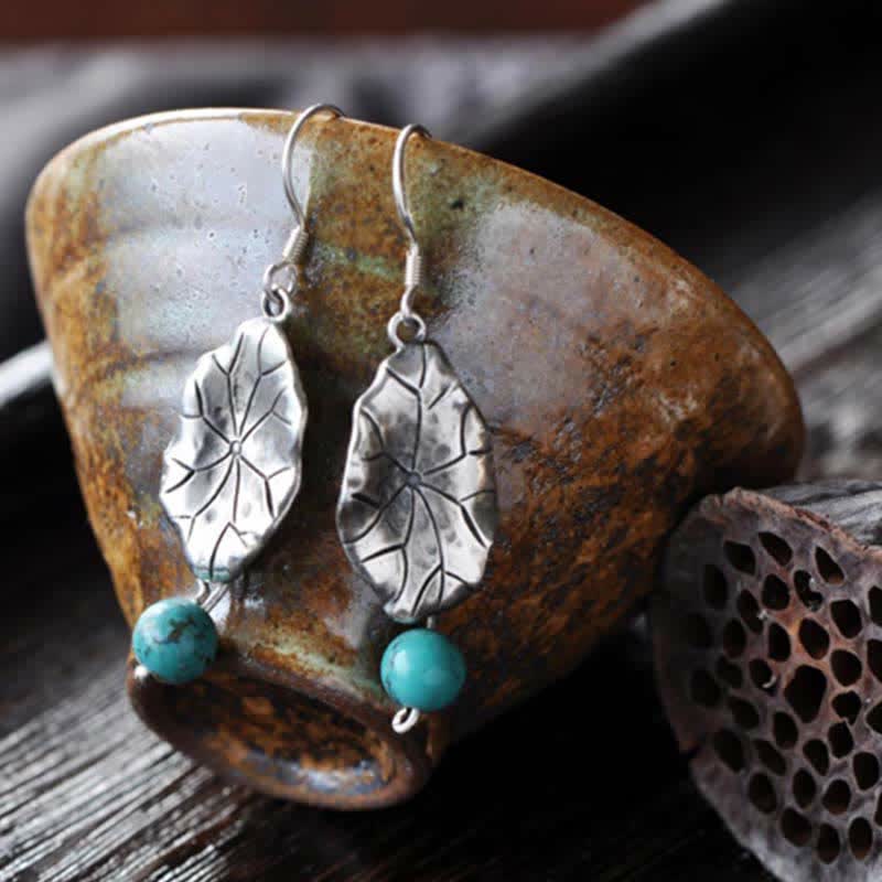 Turquoise Lotus Leaf Drop Earrings | 925 Silver Protection