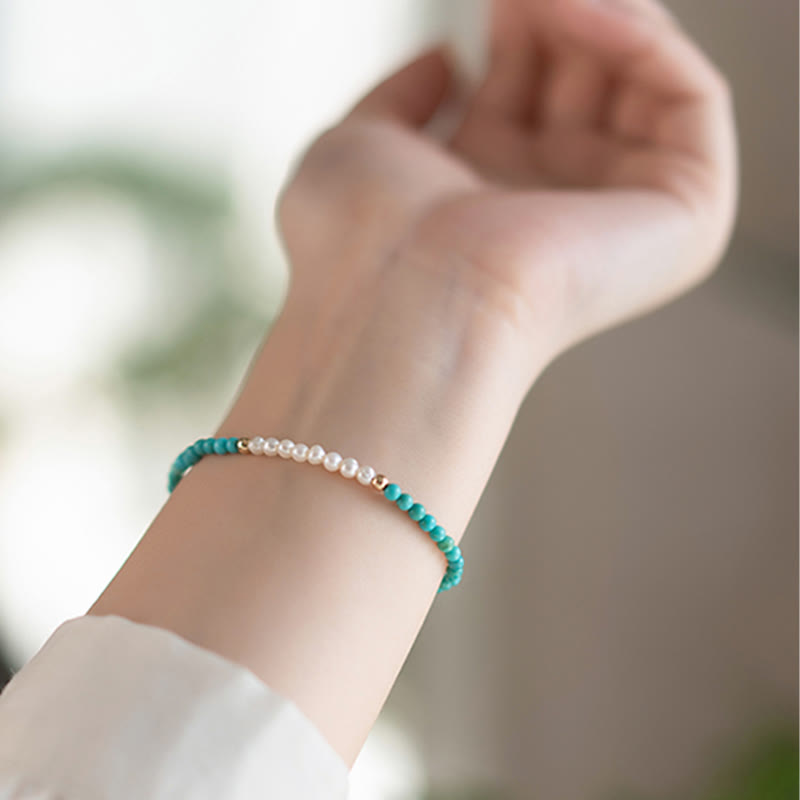 Turquoise Pearl Bracelet 3mm | 925 Sterling Silver Healing Beads