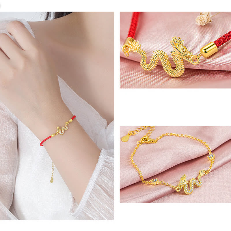 Unisex 925 Sterling Silver Dragon Bracelet with Red Rope & Gold Charm