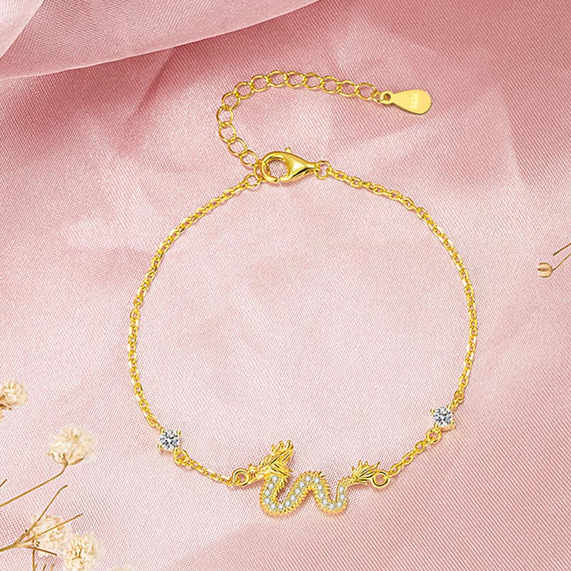 Unisex 925 Sterling Silver Dragon Bracelet with Red Rope & Gold Charm