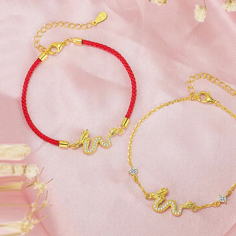 Unisex 925 Sterling Silver Dragon Bracelet with Red Rope & Gold Charm