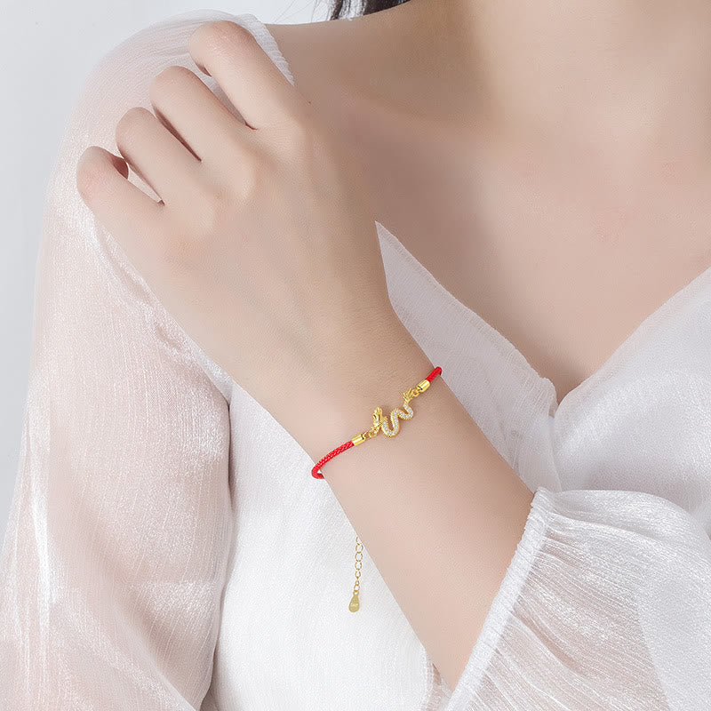 Unisex 925 Sterling Silver Dragon Bracelet with Red Rope & Gold Charm