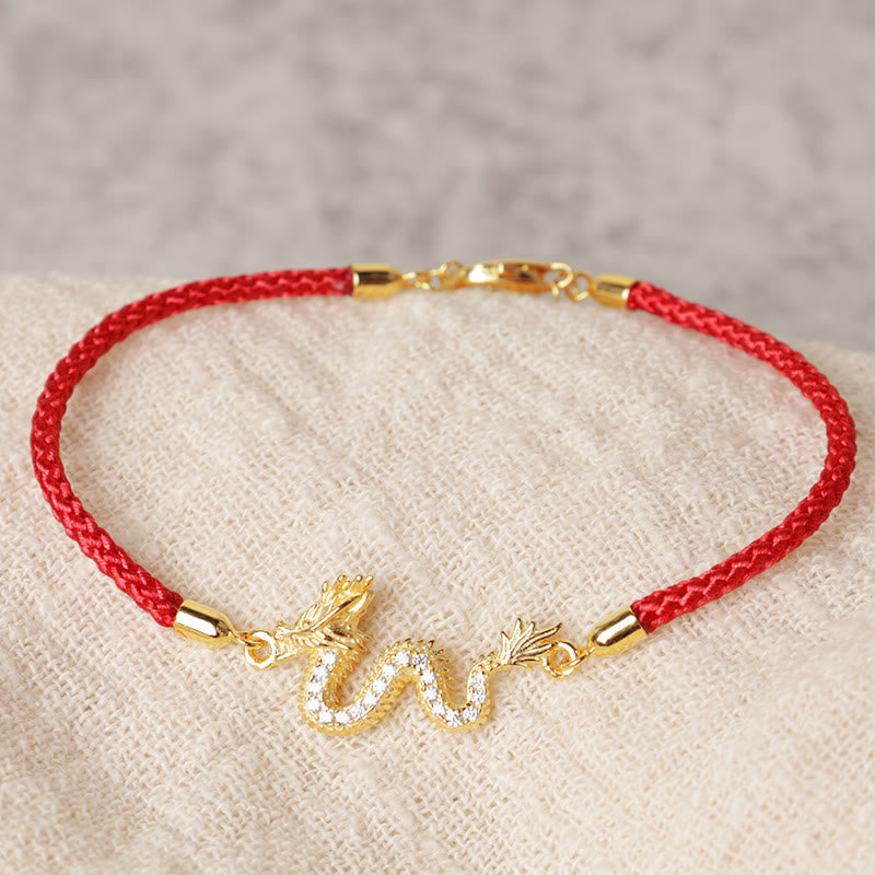 Unisex 925 Sterling Silver Dragon Bracelet with Red Rope & Gold Charm