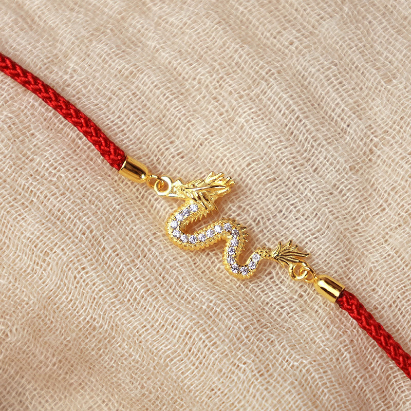 Unisex 925 Sterling Silver Dragon Bracelet with Red Rope & Gold Charm