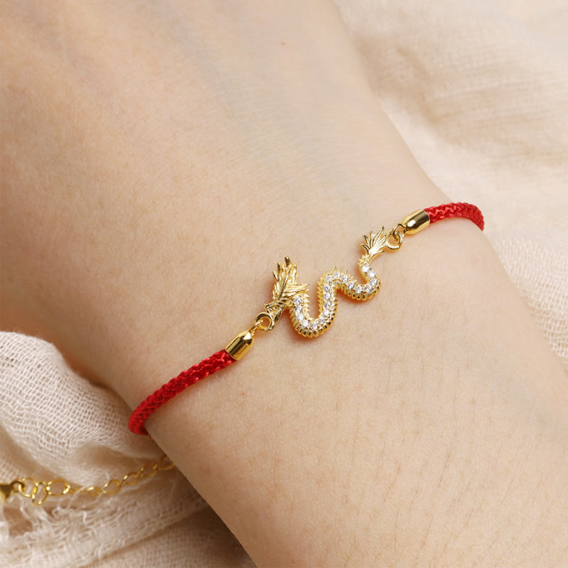 Unisex 925 Sterling Silver Dragon Bracelet with Red Rope & Gold Charm