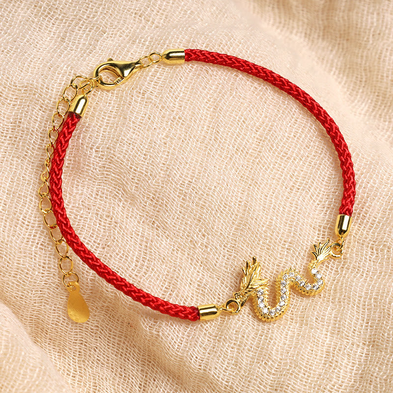 Unisex 925 Sterling Silver Dragon Bracelet with Red Rope & Gold Charm