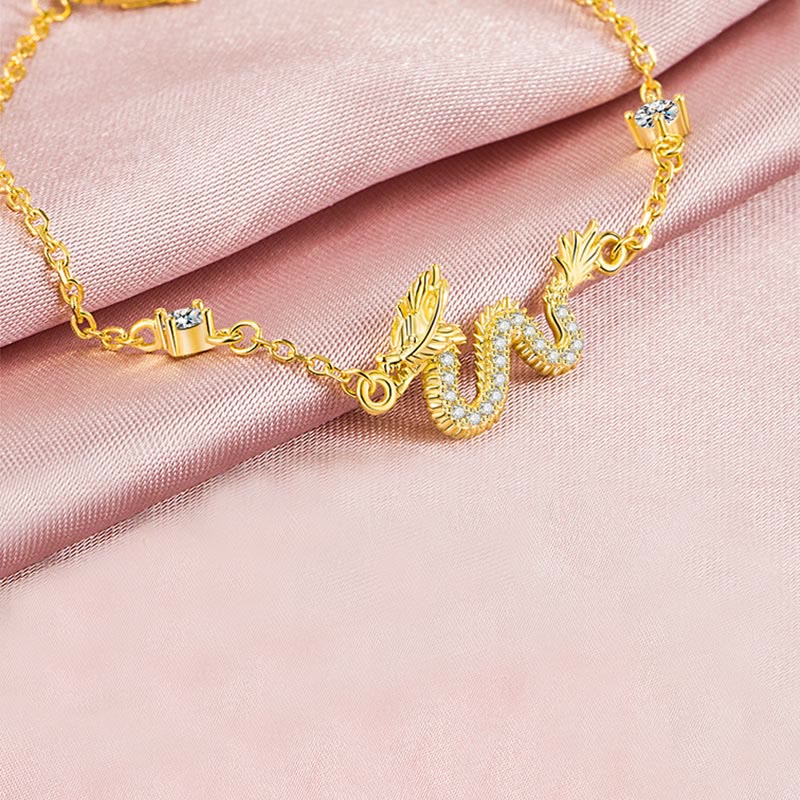 Unisex 925 Sterling Silver Dragon Bracelet with Red Rope & Gold Charm