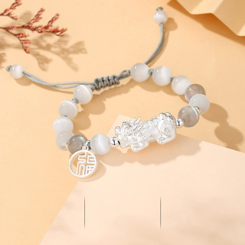 Unisex 999 Sterling Silver Black Obsidian Bracelet for Luck
