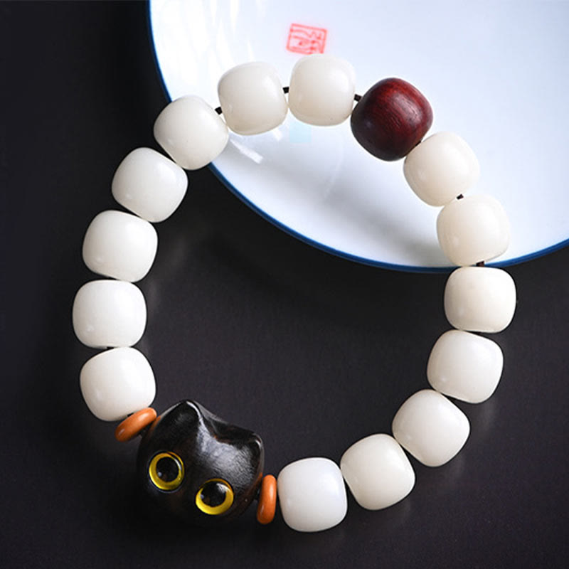 Unisex Bodhi Seed & Wood Lucky Cat Spiritual Bracelet