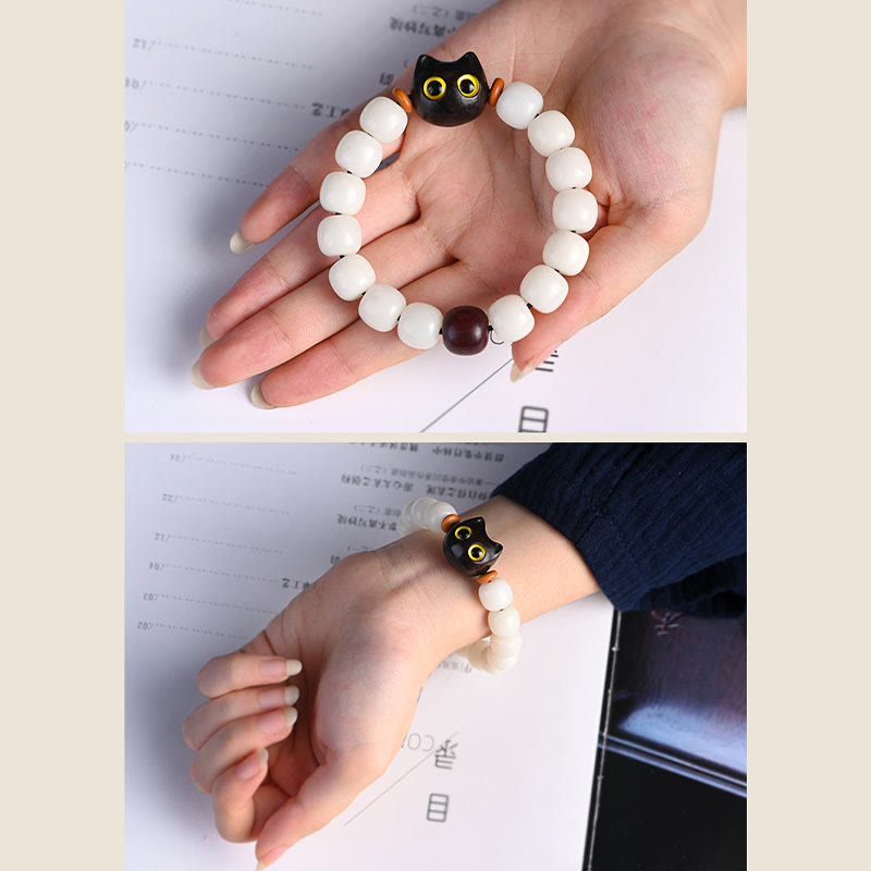 Unisex Bodhi Seed & Wood Lucky Cat Spiritual Bracelet