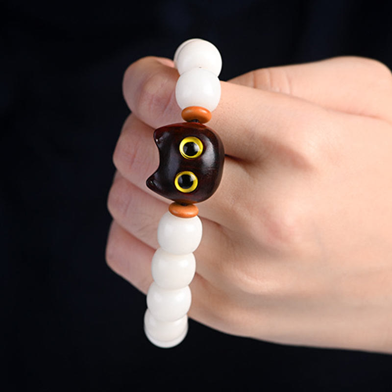 Unisex Bodhi Seed & Wood Lucky Cat Spiritual Bracelet