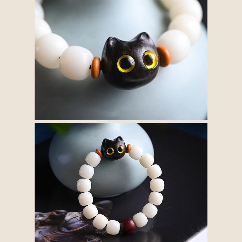 Unisex Bodhi Seed & Wood Lucky Cat Spiritual Bracelet