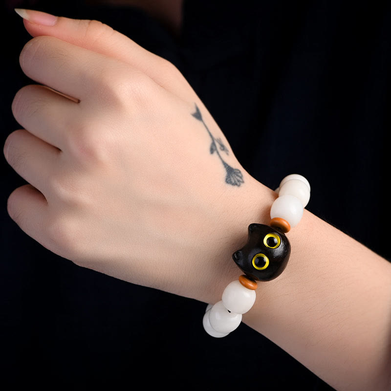 Unisex Bodhi Seed & Wood Lucky Cat Spiritual Bracelet