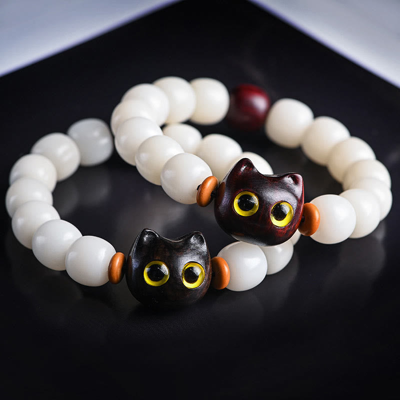 Unisex Bodhi Seed & Wood Lucky Cat Spiritual Bracelet