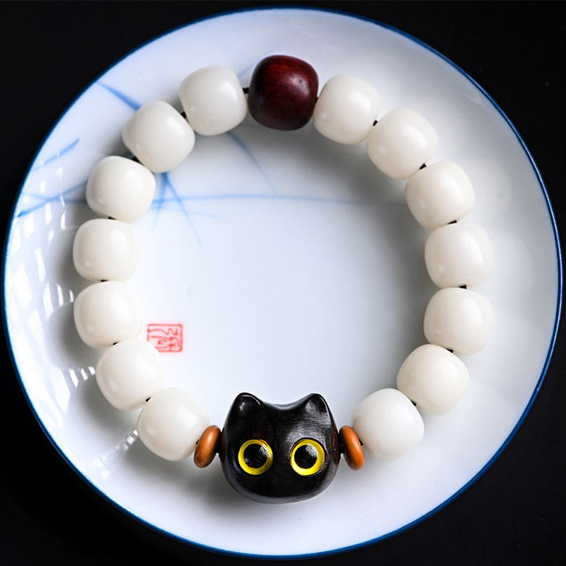 Unisex Bodhi Seed & Wood Lucky Cat Spiritual Bracelet