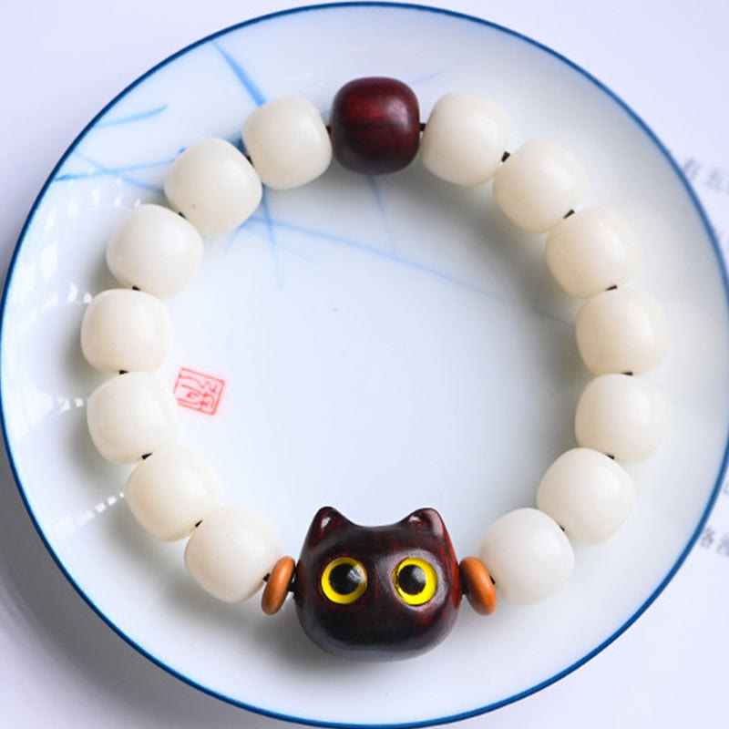 Unisex Bodhi Seed & Wood Lucky Cat Spiritual Bracelet