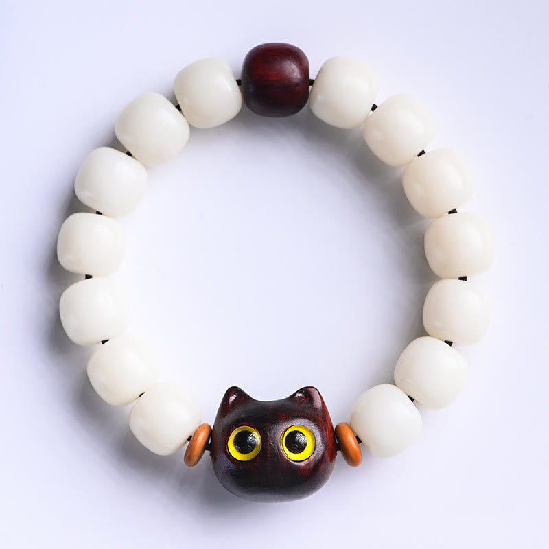 Unisex Bodhi Seed & Wood Lucky Cat Spiritual Bracelet