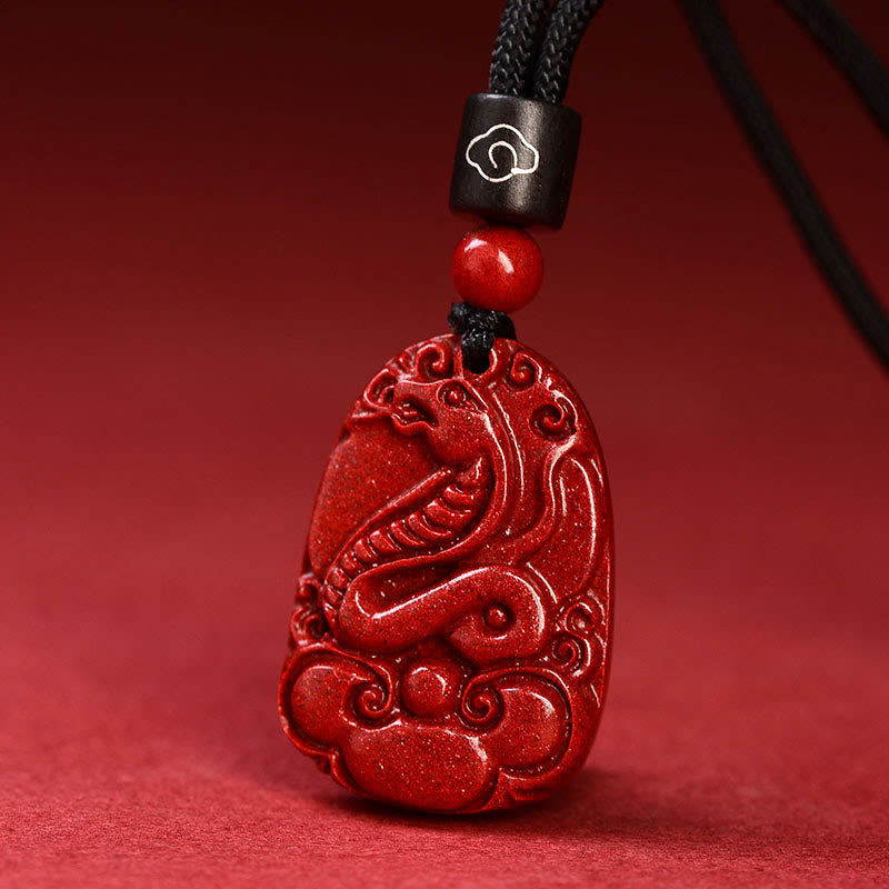 Unisex Chinese Zodiac Cinnabar Pendant Necklace on Black Rope