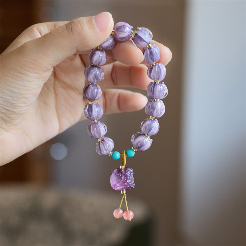 Unisex Fluorite Bracelet with Liuli Glass Beads & Dancing Lion Charm