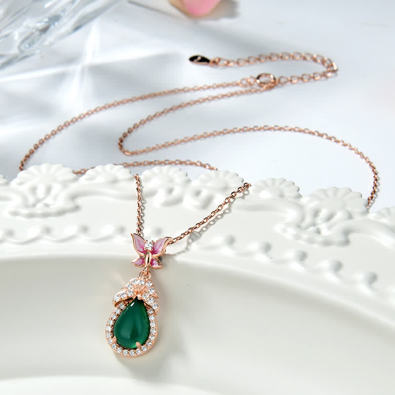 Unisex Green Chalcedony Butterfly Courage Necklace in Silver or Rose Gold