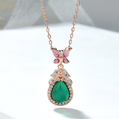 Unisex Green Chalcedony Butterfly Courage Necklace in Silver or Rose Gold