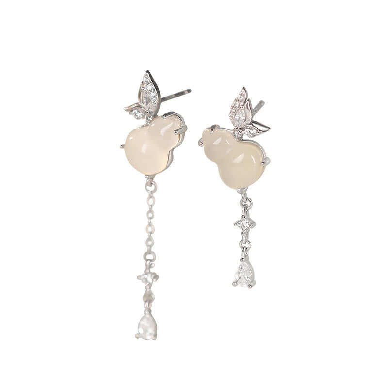 Unisex Hetian Jade and Chalcedony Sterling Silver Lucky Earrings