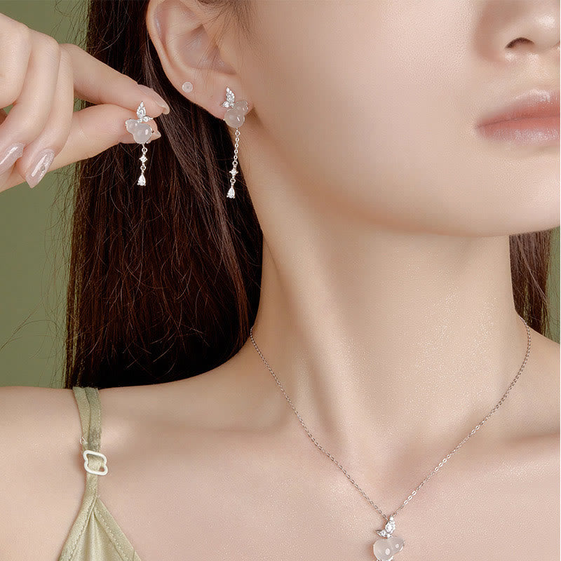Unisex Hetian Jade and Chalcedony Sterling Silver Lucky Earrings