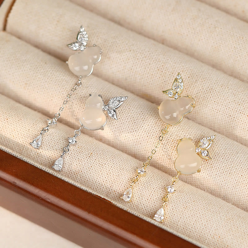 Unisex Hetian Jade and Chalcedony Sterling Silver Lucky Earrings