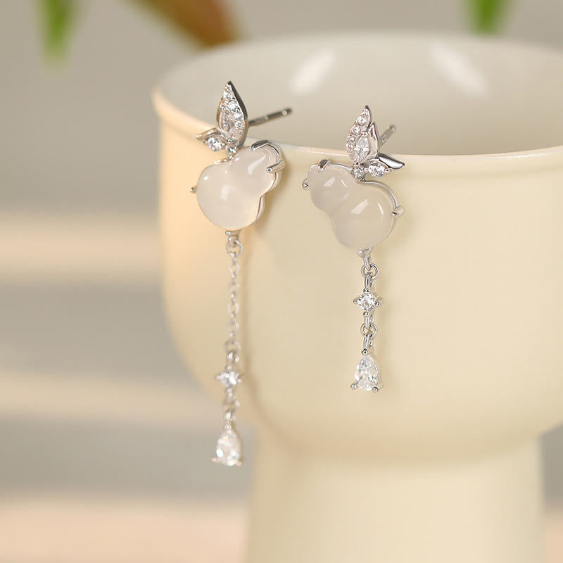 Unisex Hetian Jade and Chalcedony Sterling Silver Lucky Earrings