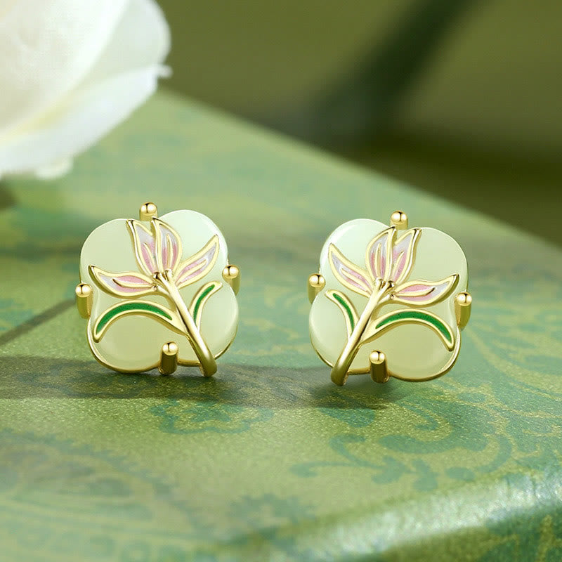 Unisex Hetian Jade and Chalcedony Sterling Silver Lucky Earrings