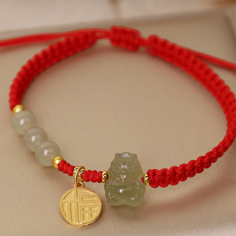 Unisex Hetian Jade Dragon Bracelet with Fu Character for Luck