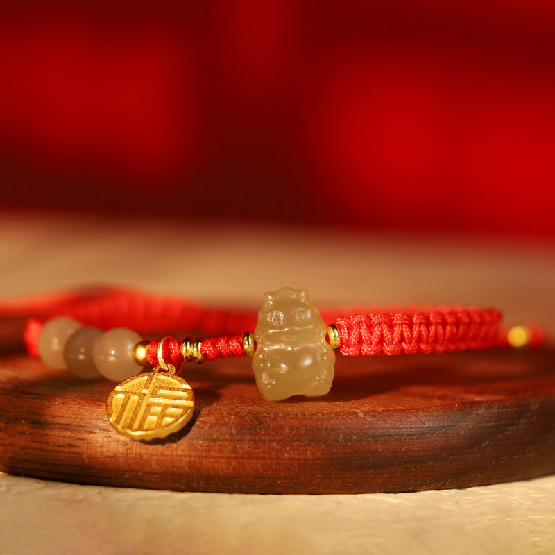 Unisex Hetian Jade Dragon Bracelet with Fu Character for Luck