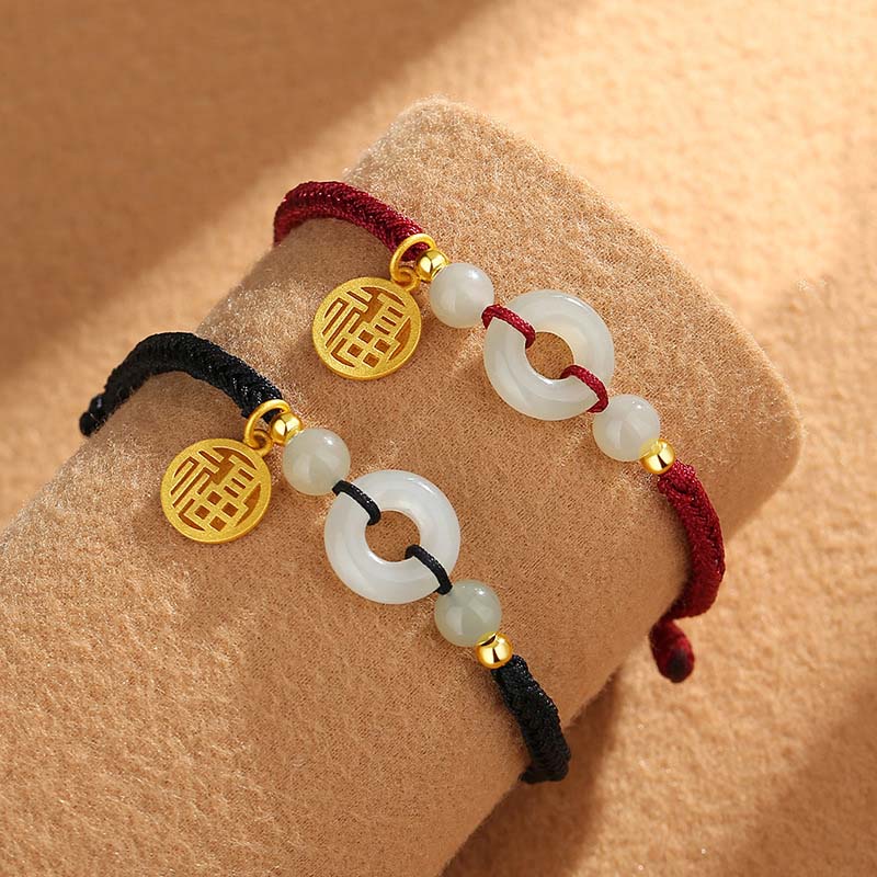Unisex Hetian Jade Peace Buckle Fu Charm Bracelet