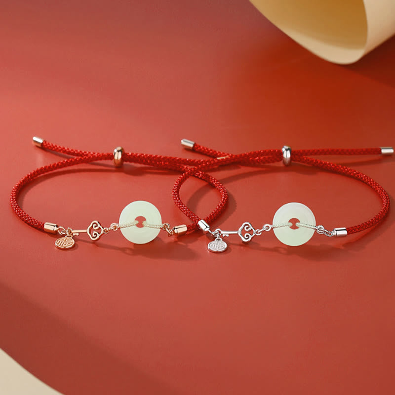 Unisex Hetian Jade Peace Buckle Red String Bracelet