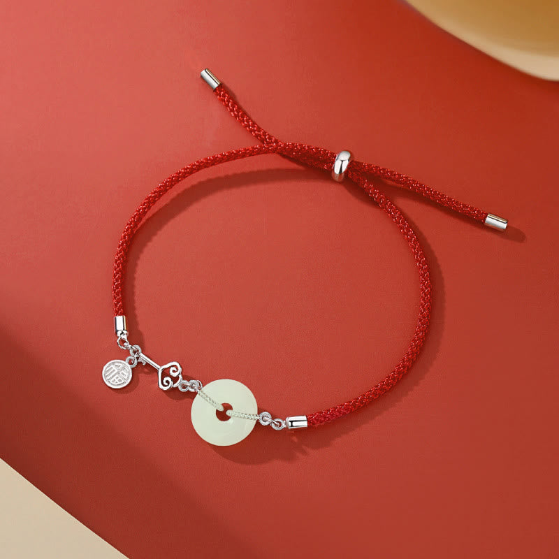 Unisex Hetian Jade Peace Buckle Red String Bracelet