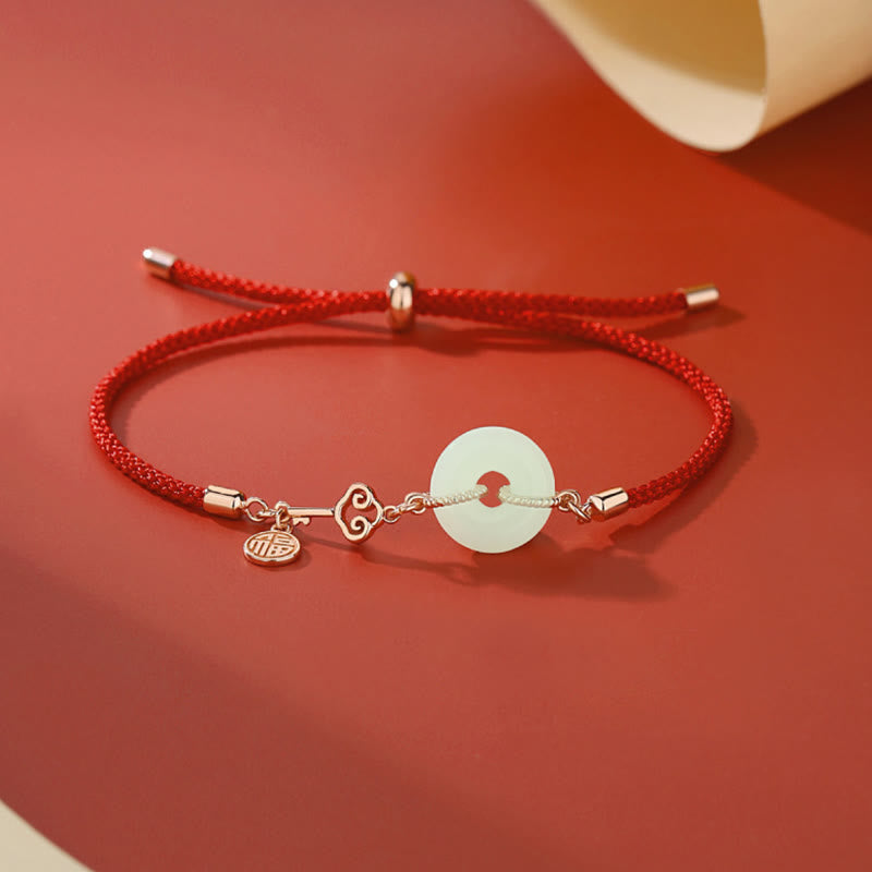 Unisex Hetian Jade Peace Buckle Red String Bracelet