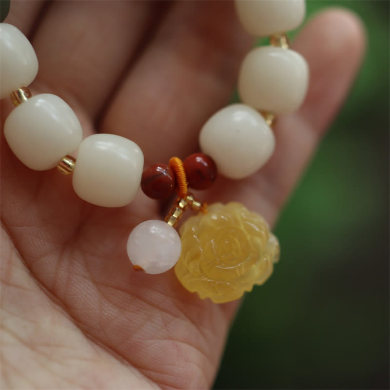 Unisex Lotus Bracelet with Bodhi Seed, Amber & Red Agate Beads