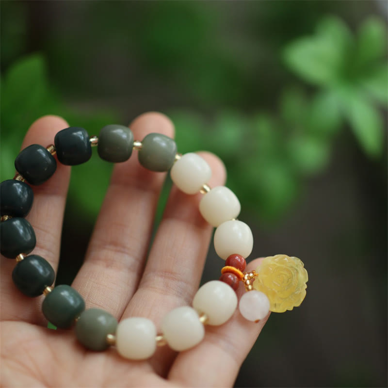 Unisex Lotus Bracelet with Bodhi Seed, Amber & Red Agate Beads