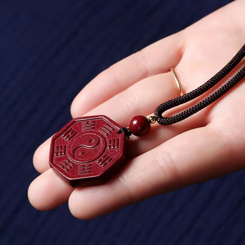 Unisex Natural Cinnabar Bagua Fu Necklace for Calmness