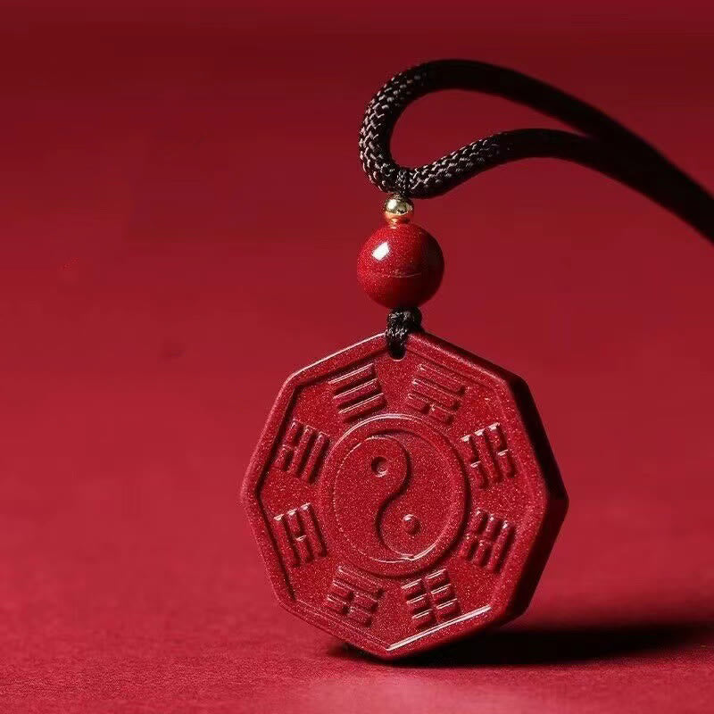 Unisex Natural Cinnabar Bagua Fu Necklace for Calmness