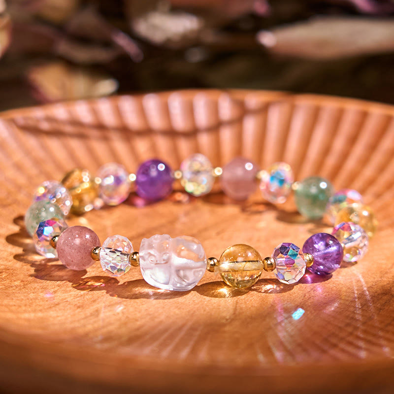 Unisex Pixiu Bracelet with White Crystal Citrine & Amethyst Gems