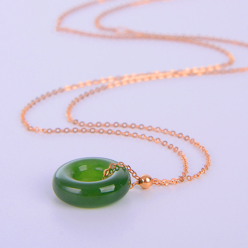 Unisex Round Cyan Jade Healing Necklace 14K Gold Pendant
