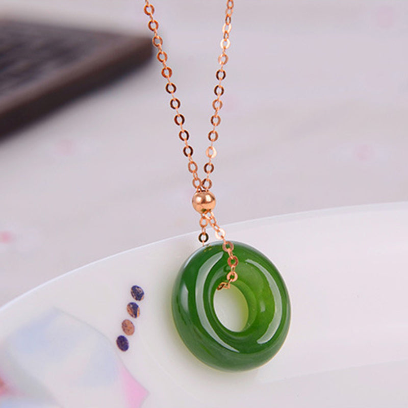 Unisex Round Cyan Jade Healing Necklace 14K Gold Pendant