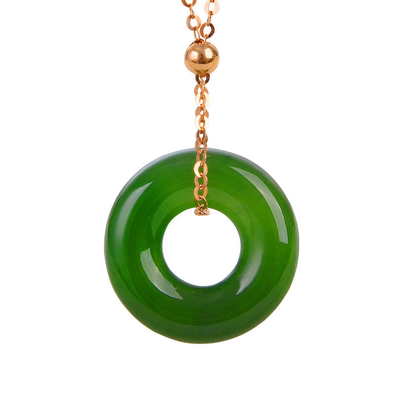 Unisex Round Cyan Jade Healing Necklace 14K Gold Pendant